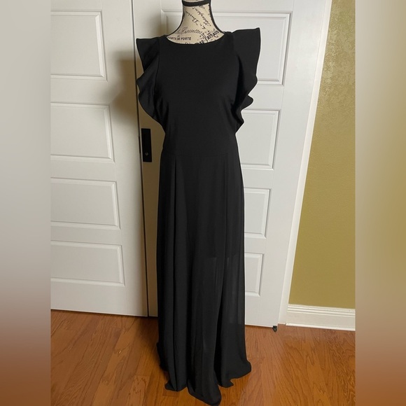H by Halston Black Mixed Media Flutter Sleeve Maxi Dress with Illusion Skirt 6 - Picture 1 of 7